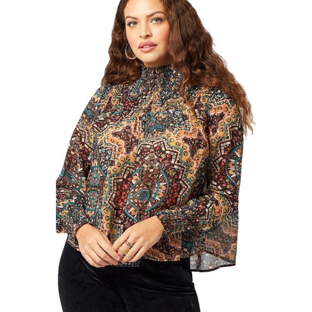 Wrangler Retro Boho Paisley Smocked‎ Mock Neck Long Sleeve Blouse Women Med New